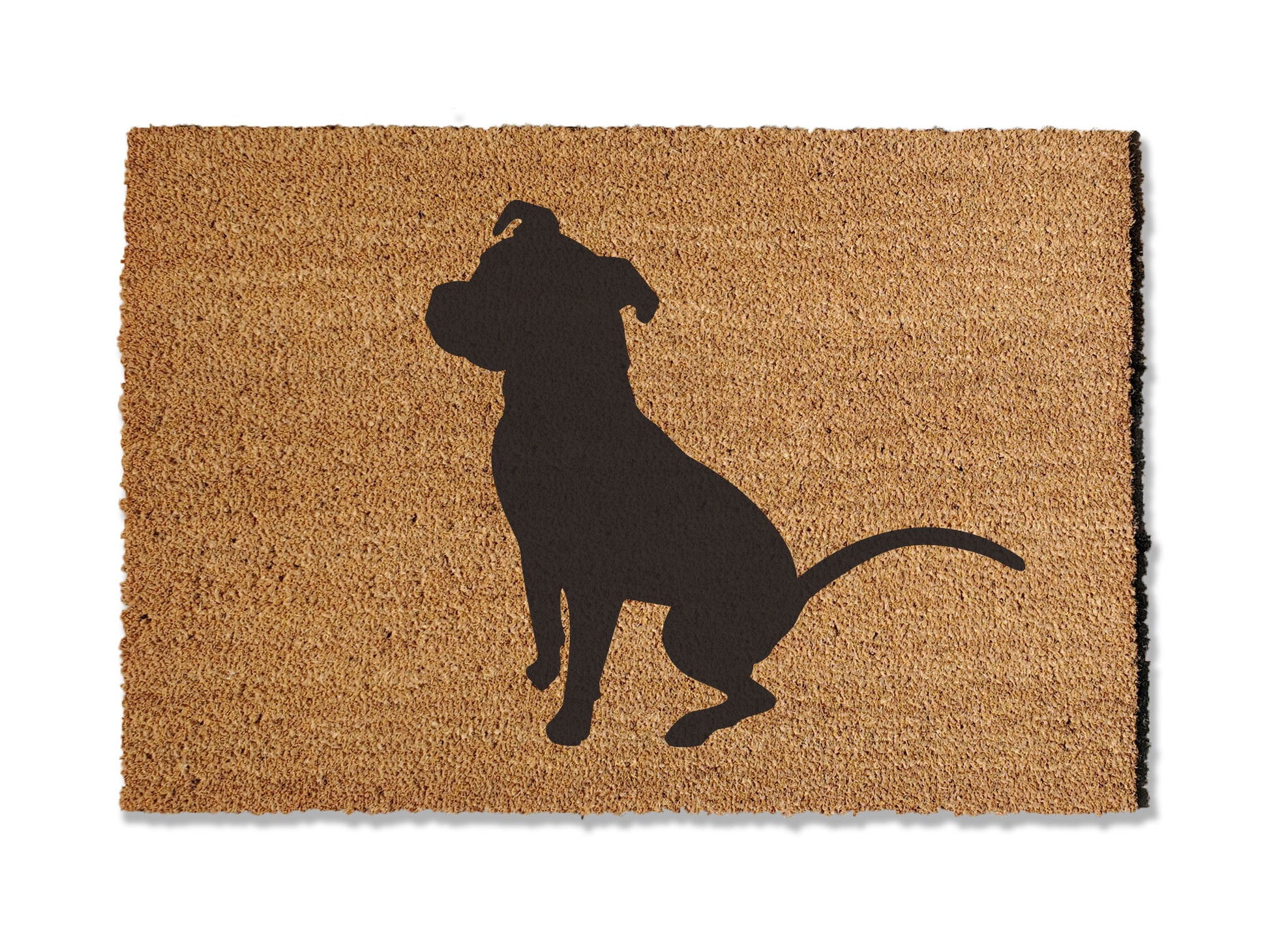 Coir doormat featuring an adorable pit bull design, ideal for dog lovers. This doormat is not only charming but also effective at trapping dirt. Available in multiple sizes to suit your entryway needs.