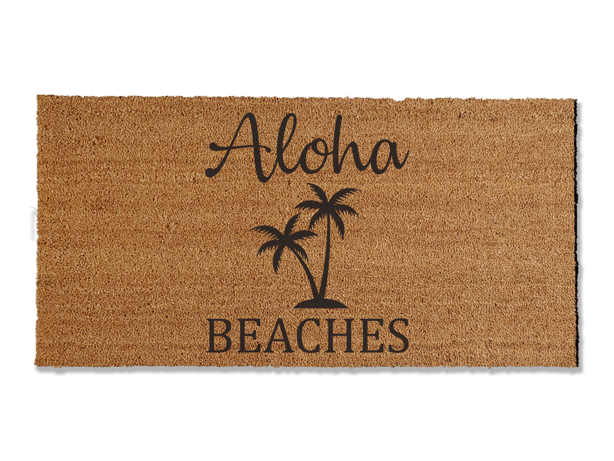 24 inches by 48 inches coir doormat with graphic printed onto the doormat. Aloha Beaches with palm trees