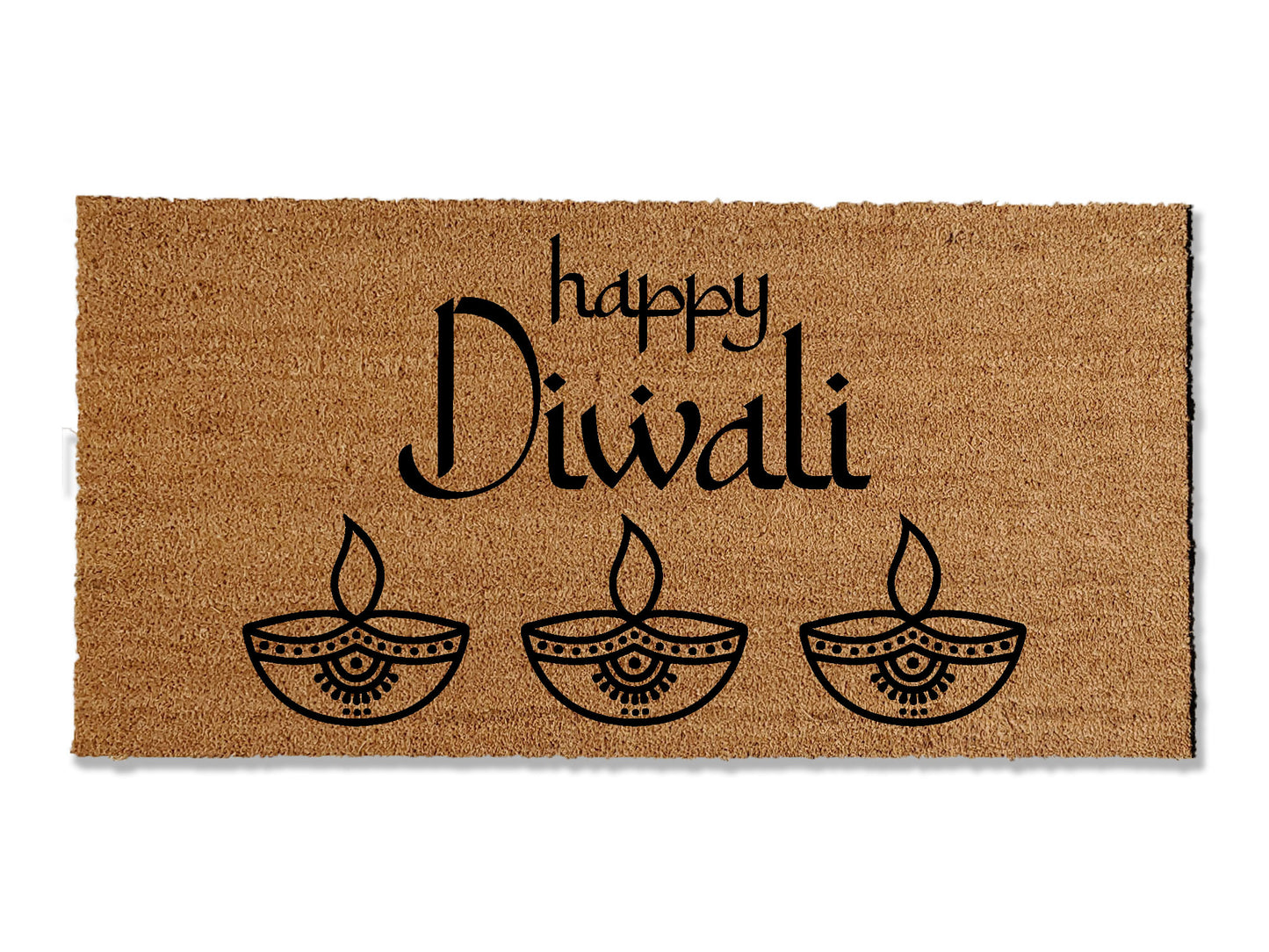 Illuminate your entryway with our festive coir doormat wishing 'Happy Diwali,' celebrating the Festival of Lights. Available in various sizes, it's the perfect way to welcome guests during this wonderful time of year.