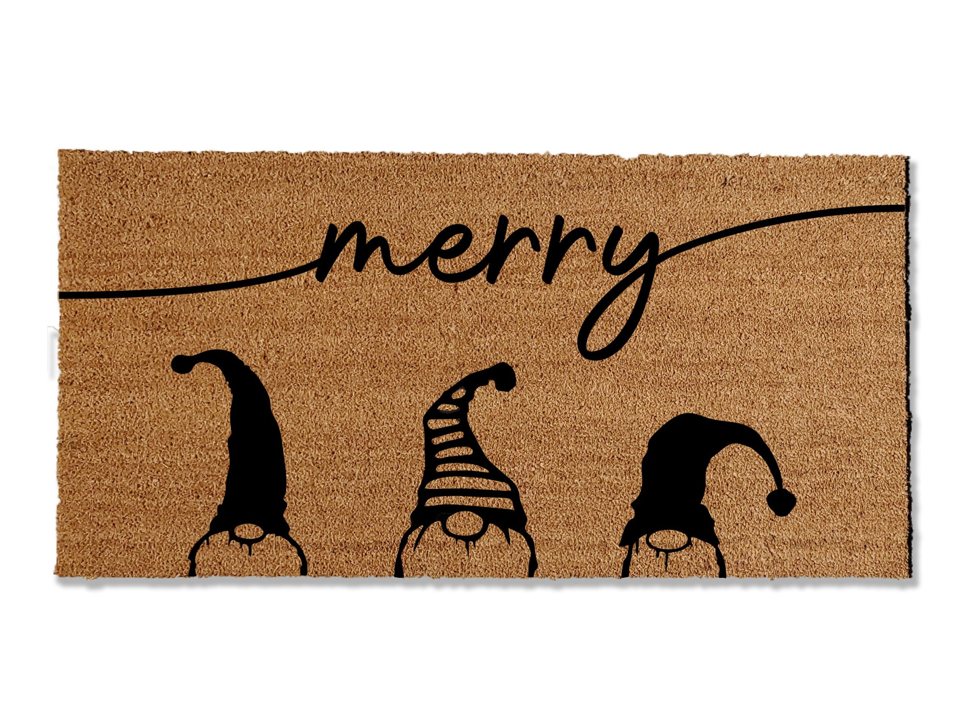 Embrace the holiday spirit with our seasonal coir doormat featuring three gnomes and the greeting 'Merry' Perfect for the holiday season, this mat adds a touch of holiday cheer to your doorstep. Available in multiple sizes, it not only enhances your entryway with seasonal charm but also effectively traps dirt.