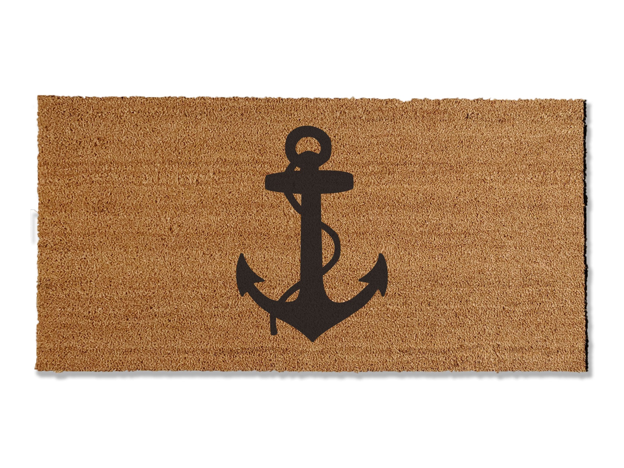 A coir doormat that is 24 inches by 48 inches and has a black anchor printed on it.