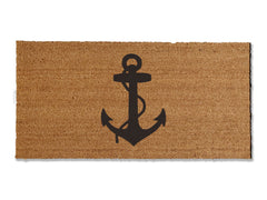 A coir doormat that is 24 inches by 48 inches and has a black anchor printed on it.