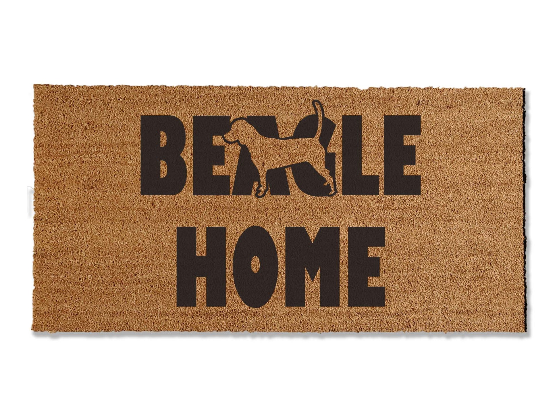 A coir doormat that is 24 inches by 48 inches what the text BEAGLE HOME on it and the silhouette of a beagle.