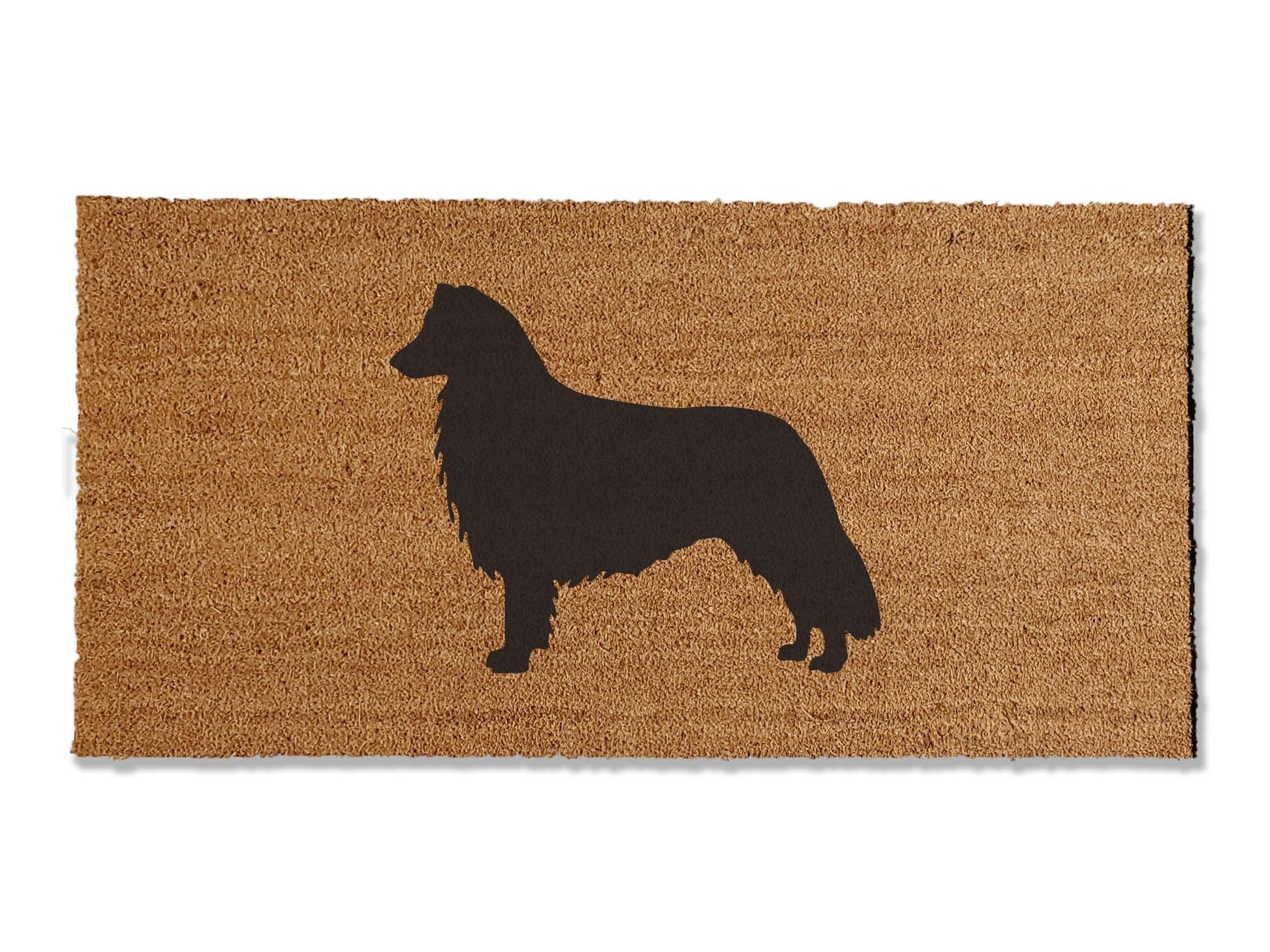 Custom 1/2 inch thick coir doormat featuring a charming border collie design. Personalize your entryway with this delightful mat, which not only adds a touch of canine charm but is also highly effective at trapping dirt, ensuring a clean and inviting home.