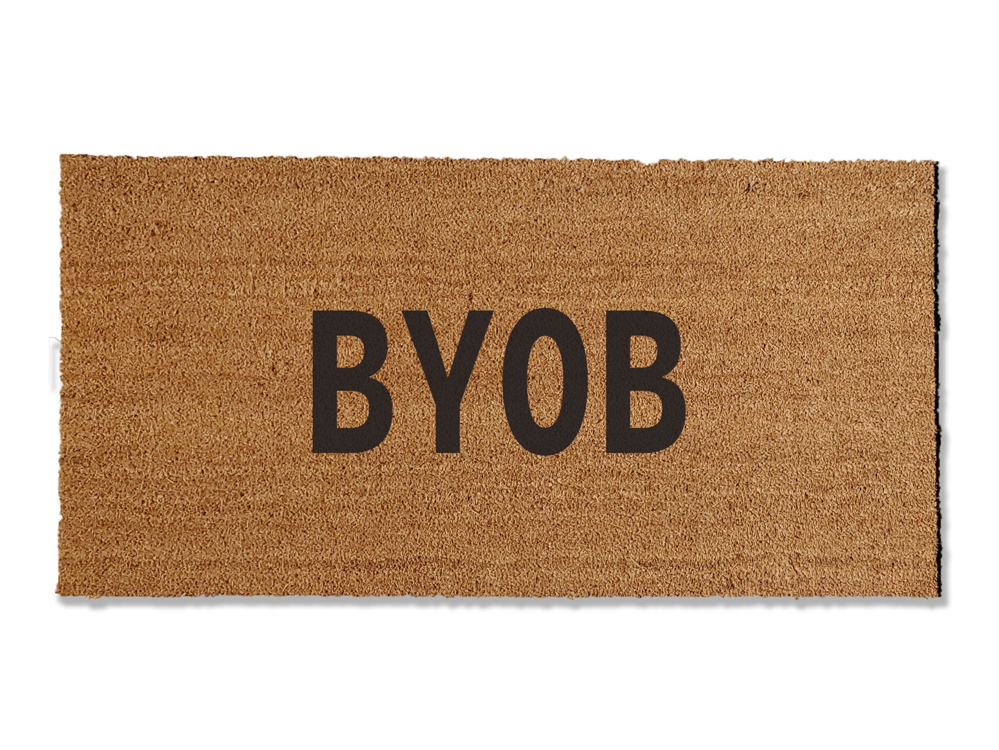 Custom 1/2 inch thick coir doormat with a playful 'BYOB' design, perfect for football season. This personalized mat adds a touch of fun to your entryway while efficiently trapping dirt, making it a stylish and functional choice for welcoming guests during the sports season.