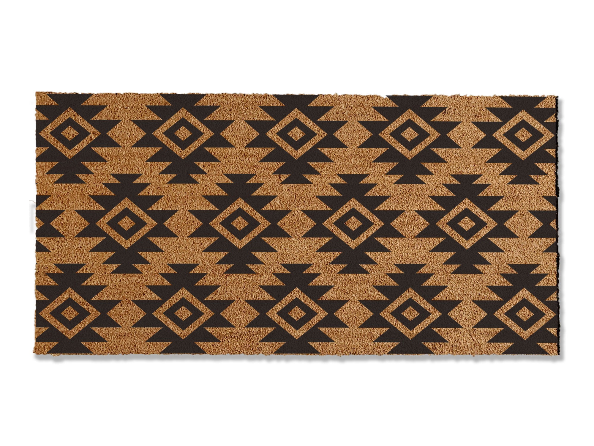 A coir doormat that is 24 inches by 48 inches and has a geometric aztec print painted on it.