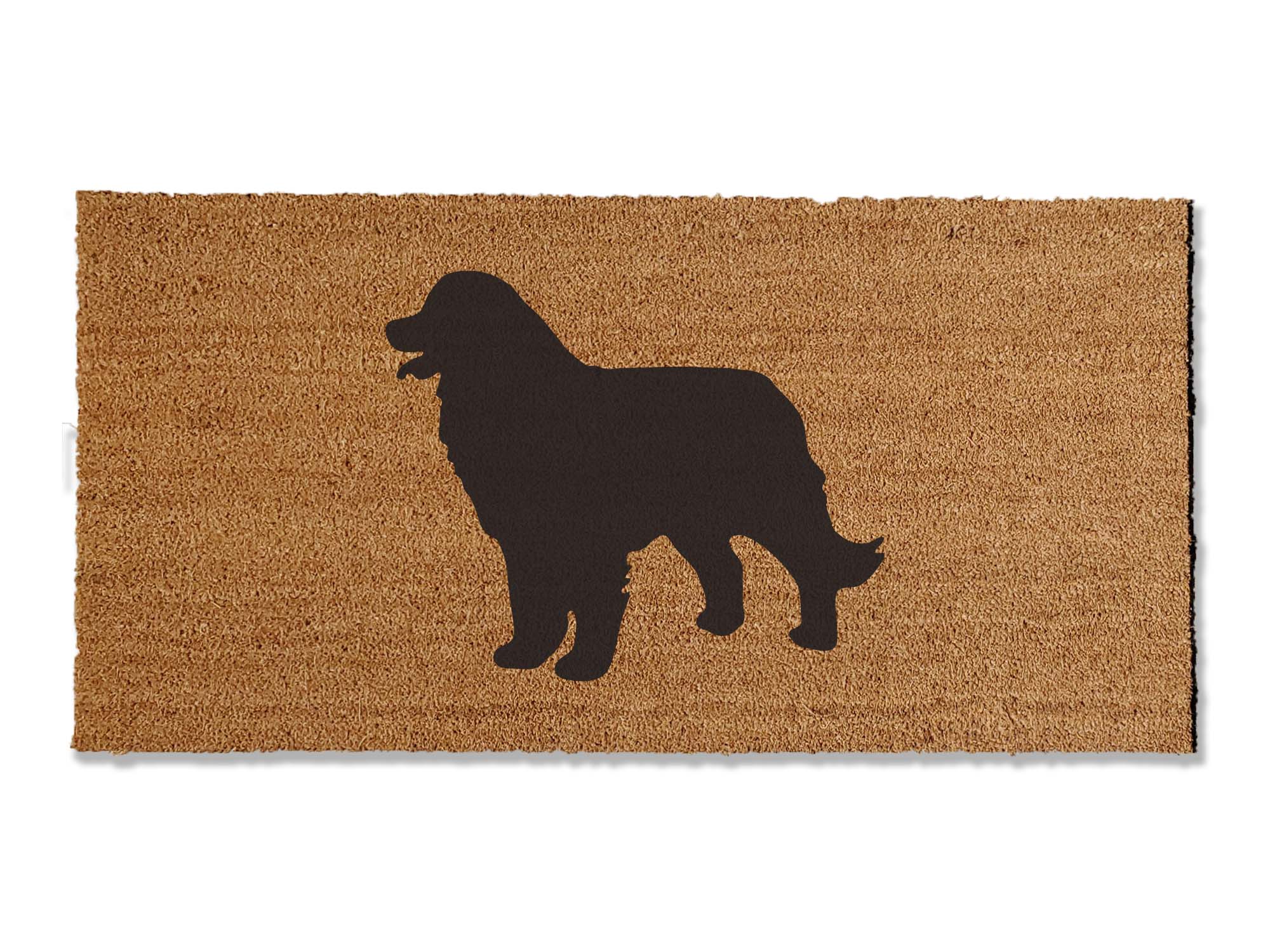A coir doormat that is 24 inches by 48 inches with the silhouette of a Bernese Mountain Dog painted on it.
