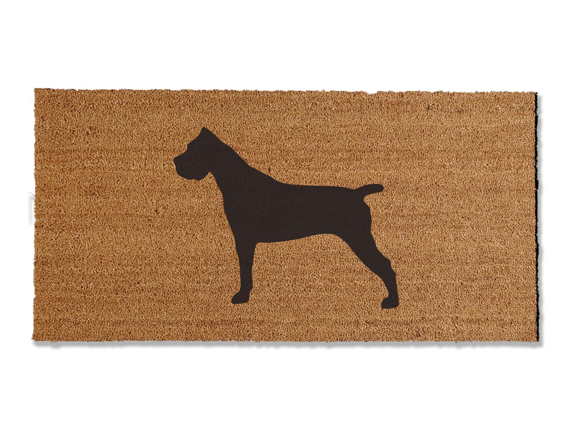 Custom 1/2 inch thick coir doormat featuring a charming cane corso design. Personalize your entryway with this delightful mat, which not only adds a touch of canine charm but is also highly effective at trapping dirt, ensuring a clean and inviting home.
