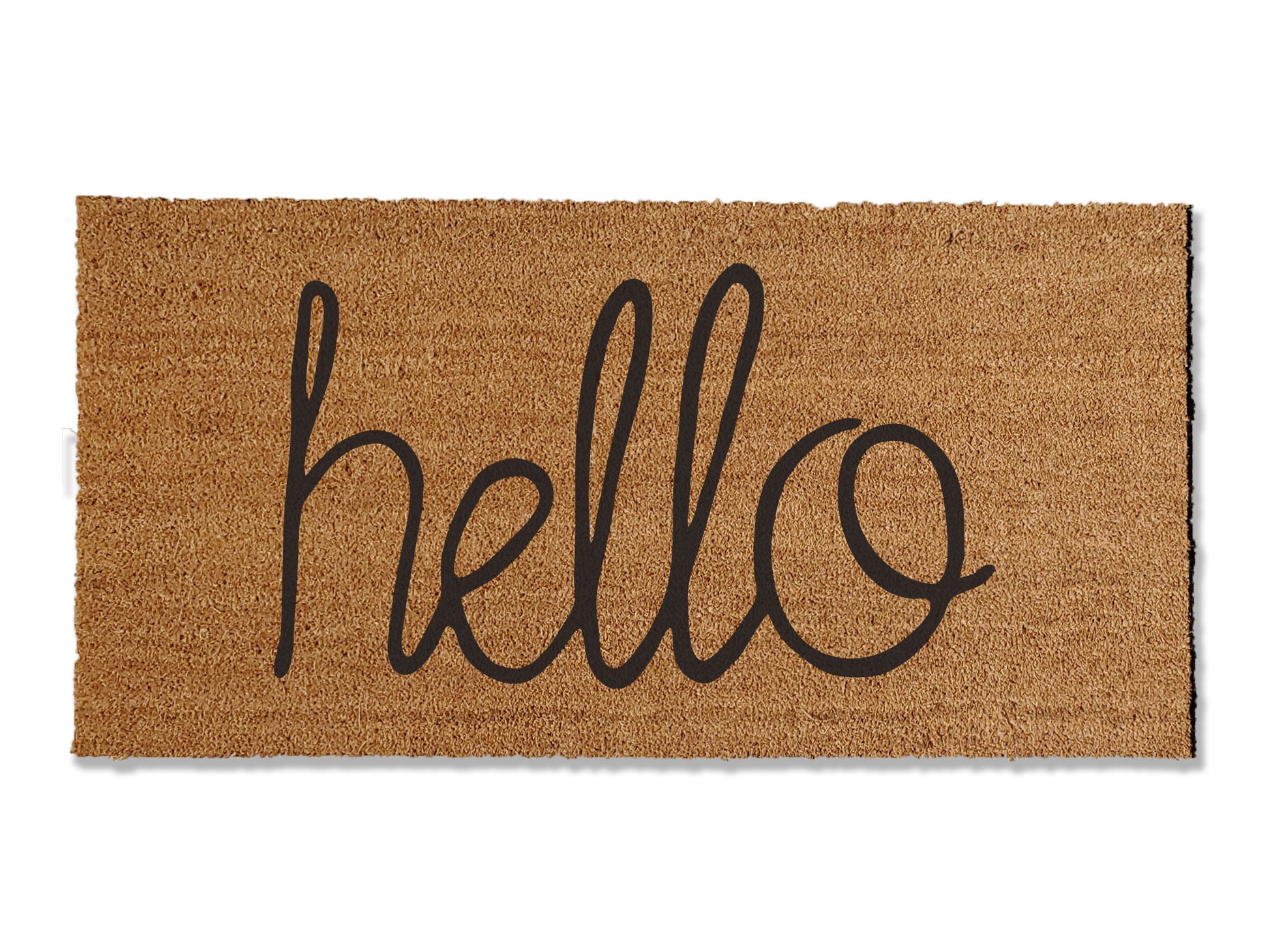 Invite warmth with our coir doormat featuring a hand-written 'Hello' greeting. Offered in multiple sizes, this versatile mat is ideal for year-round use, adding an elegant touch to your entryway. Beyond elevating your home's entrance, it serves as an effective barrier, preventing dirt from entering your space.
