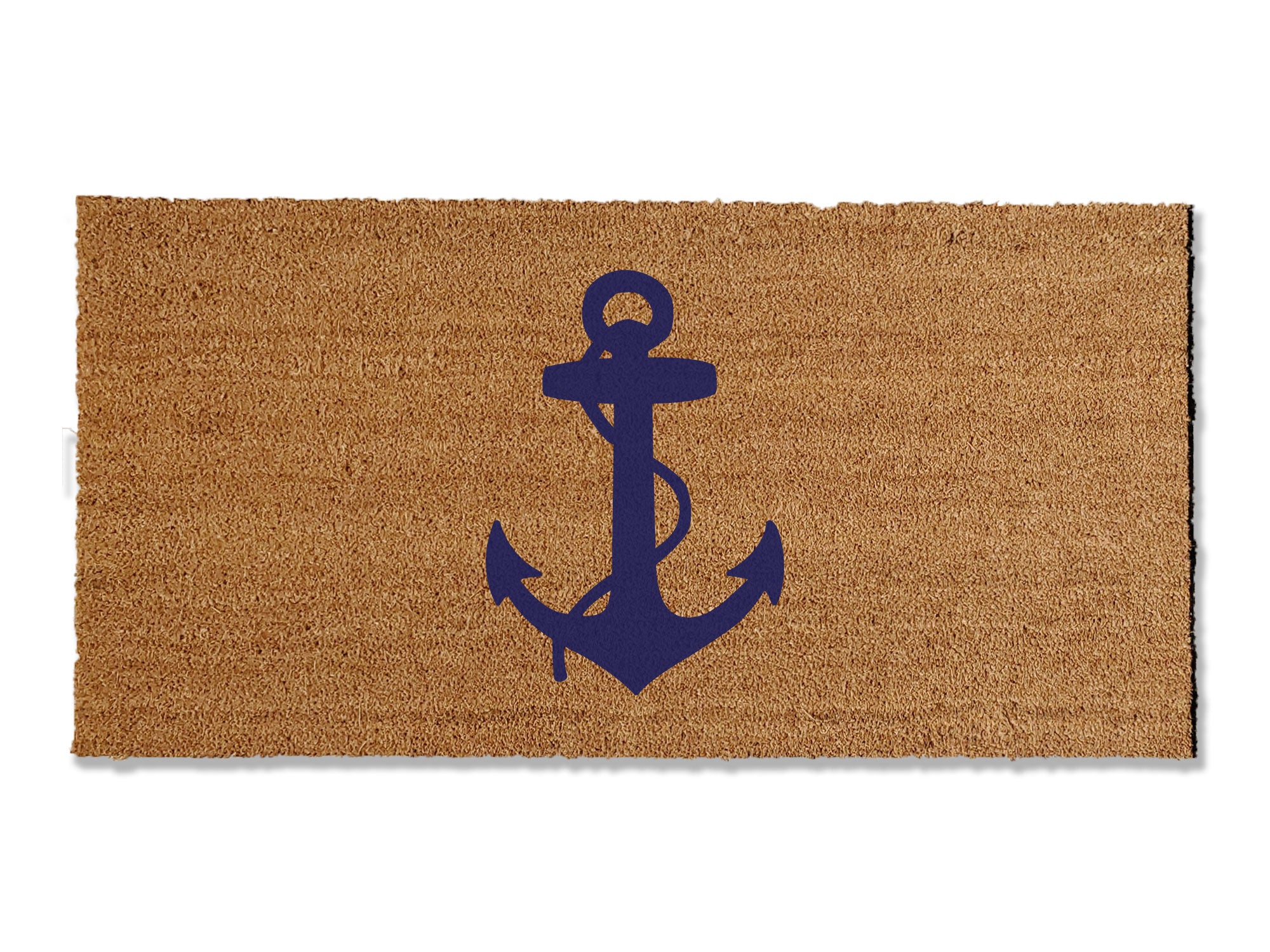 A coir doormat that is 24 inches by 48 inches and has a navy anchor printed on it.