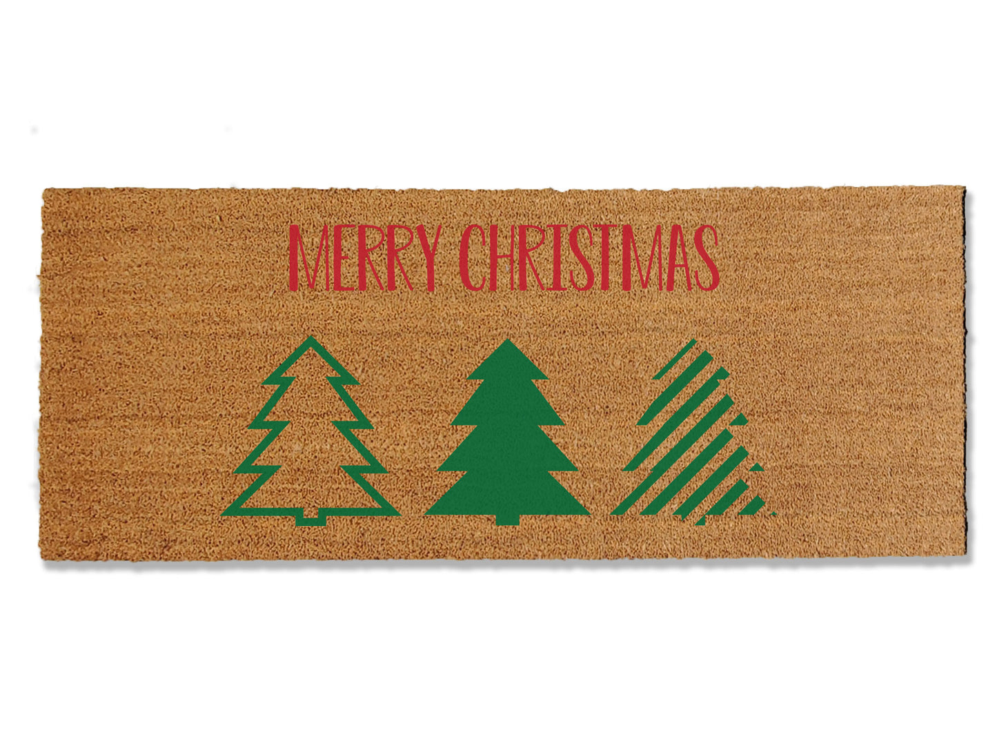 Embrace the holiday spirit with our seasonal coir doormat featuring Christmas trees and the greeting 'Merry Christmas.' Perfect for the festive season, this mat adds a touch of holiday cheer to your doorstep. Available in multiple sizes, it not only enhances your entryway with seasonal charm but also effectively traps dirt.