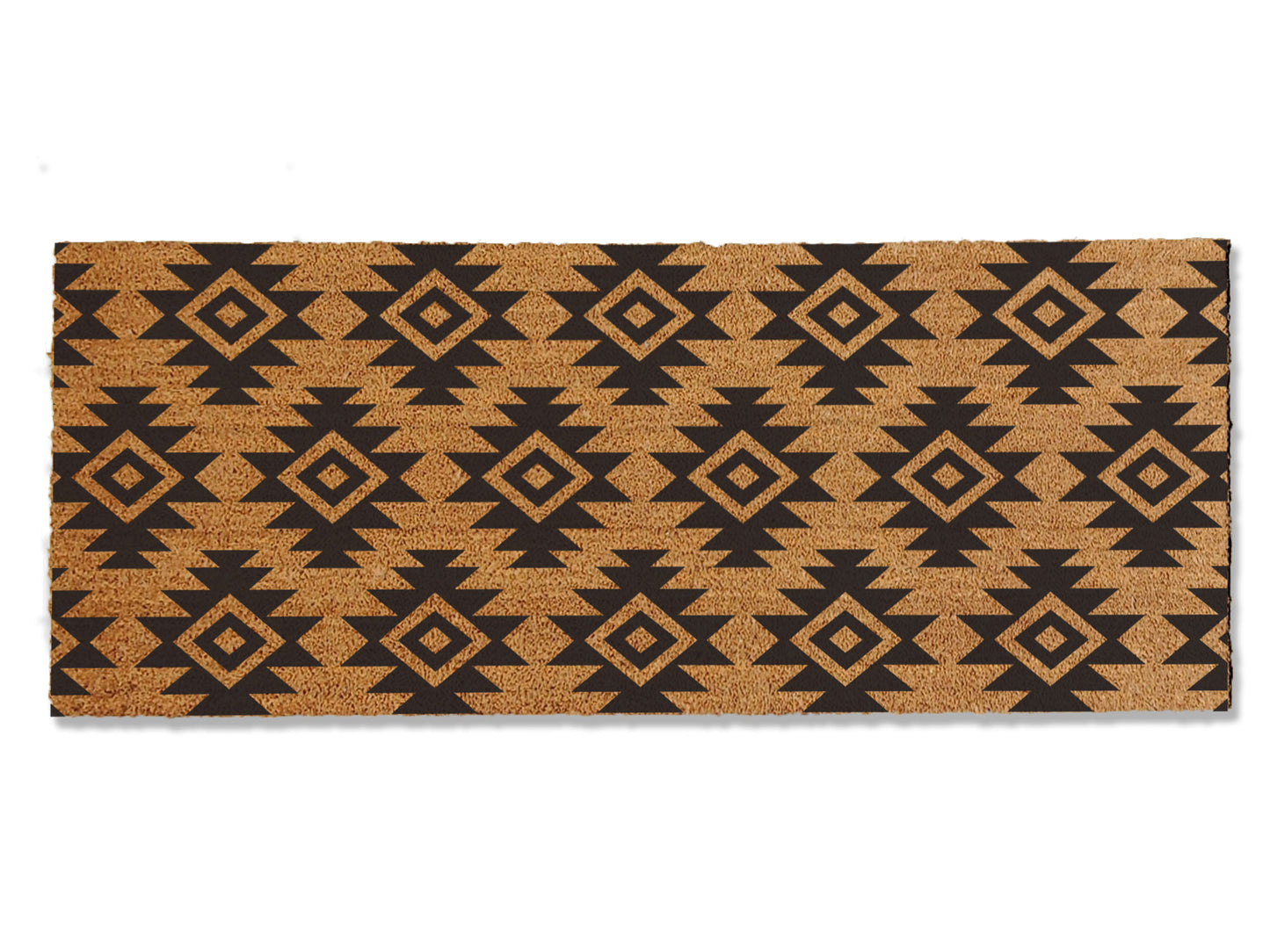 A coir doormat that is 24 inches by 60 inches and has a geometric aztec print painted on it.
