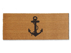 A coir doormat that is 24 inches by 60 inches and has a black anchor printed on it.