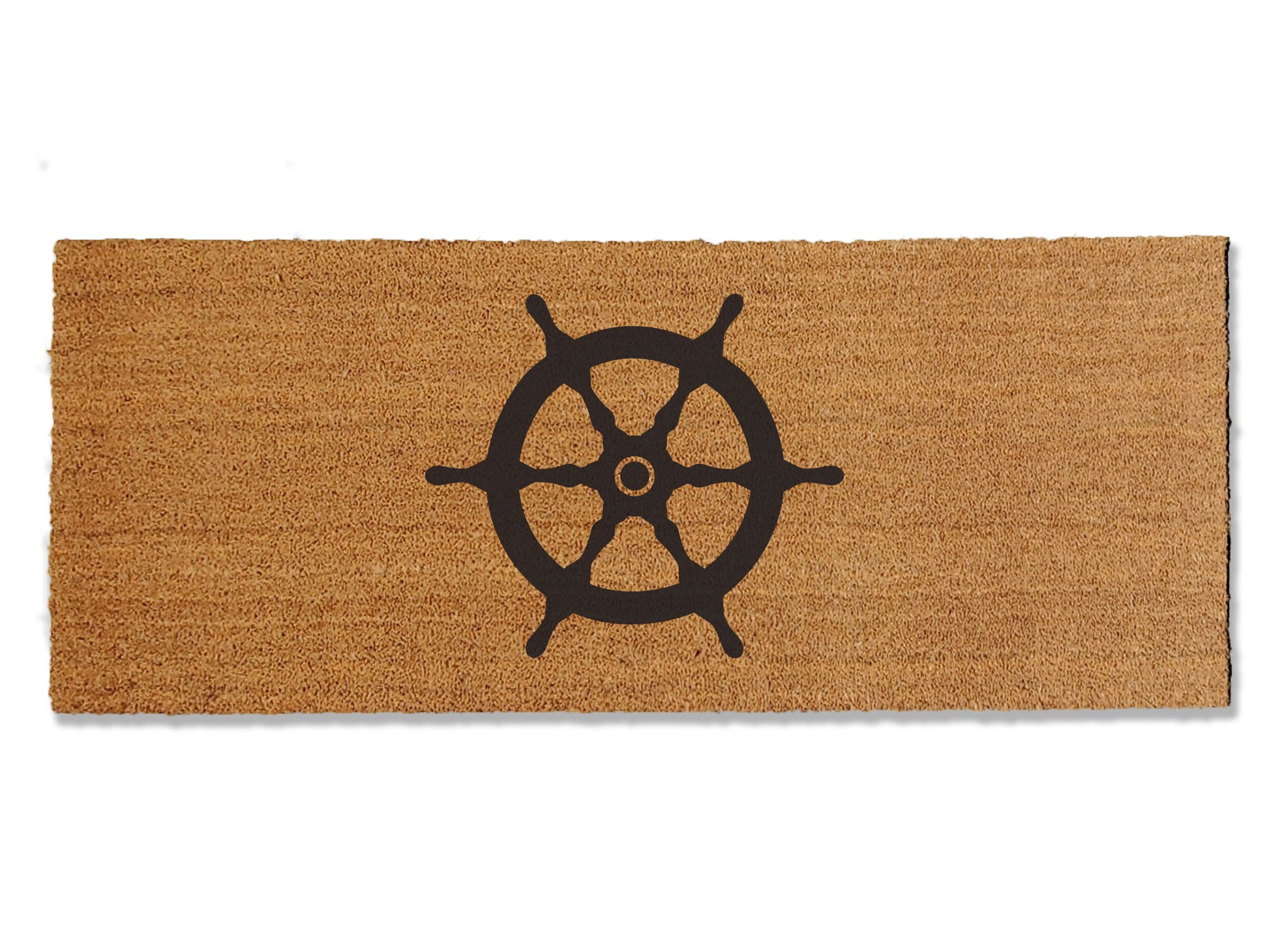 Sailboat helm coir doormat, available in multiple sizes and featuring the nautical charm of a helm. Perfect for summer decor or a beach house, this mat seamlessly blends style and function. Welcome guests with a touch of maritime elegance while effectively trapping dirt for a clean and inviting entrance.