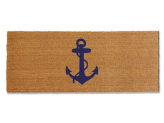 A coir doormat that is 24 inches by 60 inches and has a navy anchor printed on it.