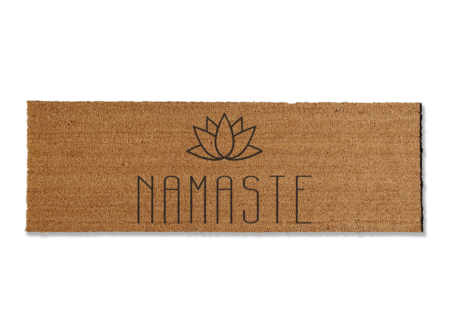 Welcome tranquility to your entrance with our coir doormat featuring the word 'Namaste' and a serene lotus flower. Ideal for yoga enthusiasts, this mat adds a peaceful touch to your entryway. Available in multiple sizes, it seamlessly combines style and functionality by effectively trapping dirt and enhancing your home with calming vibes.