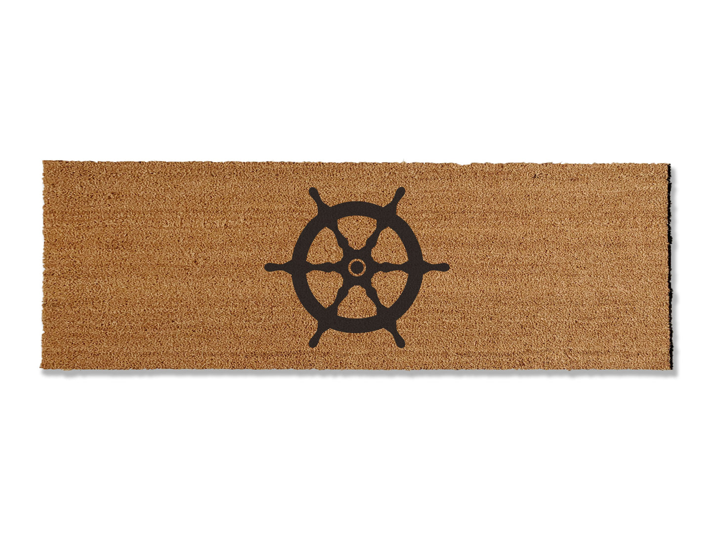 Sailboat helm coir doormat, available in multiple sizes and featuring the nautical charm of a helm. Perfect for summer decor or a beach house, this mat seamlessly blends style and function. Welcome guests with a touch of maritime elegance while effectively trapping dirt for a clean and inviting entrance.