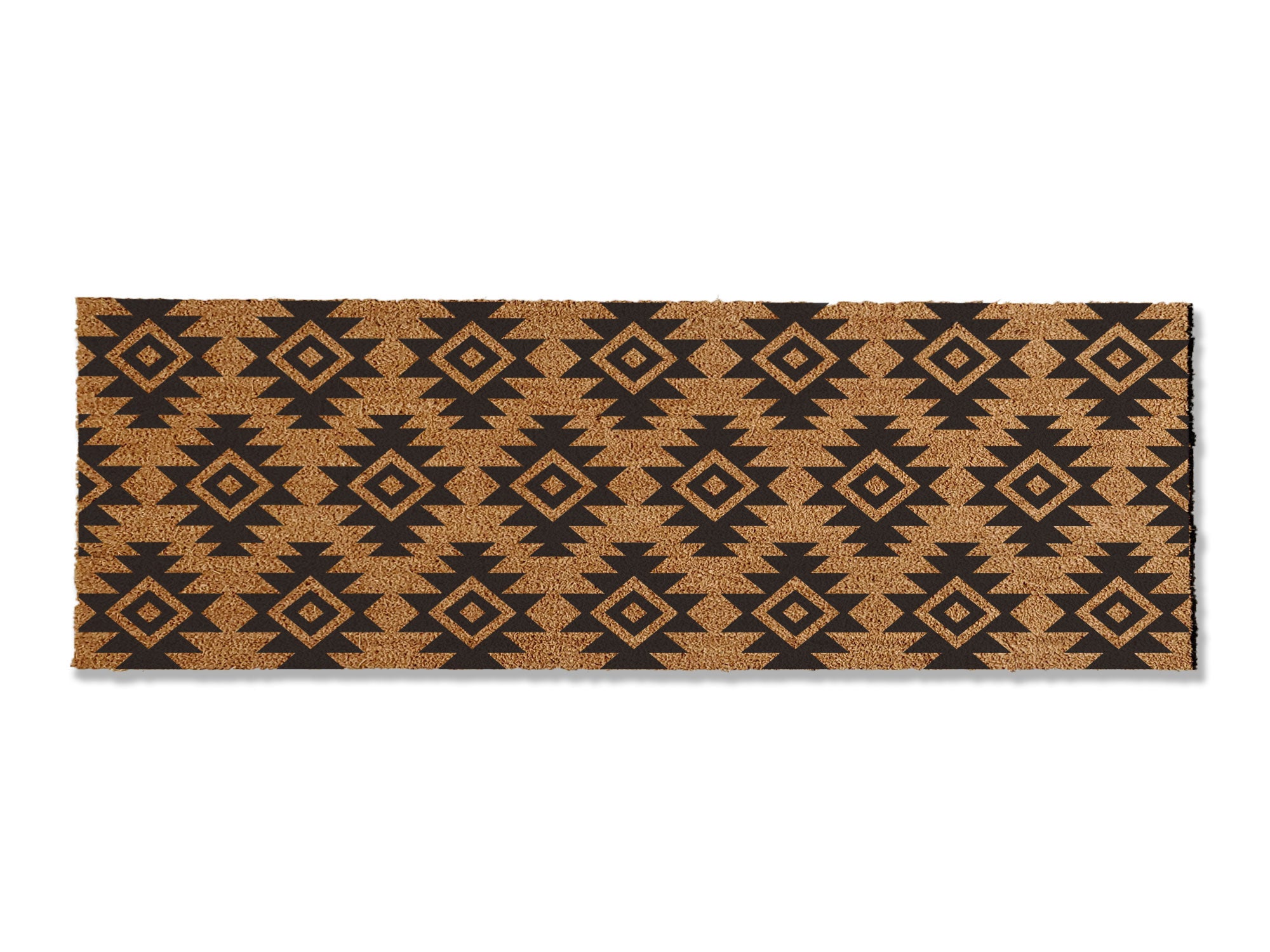 A coir doormat that is 24 inches by 72 inches and has a geometric aztec print painted on it.