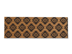 A coir doormat that is 24 inches by 72 inches and has a geometric aztec print painted on it.
