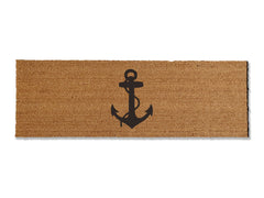 A coir doormat that is 24 inches by 72 inches and has a black anchor printed on it.