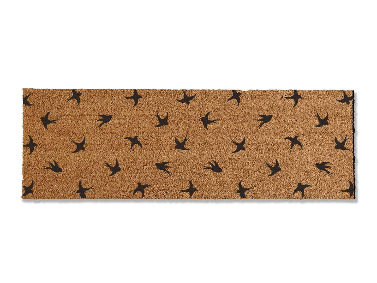 Enhance your entryway with a 1/2 inch thick coir doormat adorned with a beautiful bird pattern. This functional and stylish mat effectively traps dirt, adding a touch of elegance to your home's entrance.