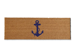 A coir doormat that is 24 inches by 72 inches and has a navy anchor printed on it.