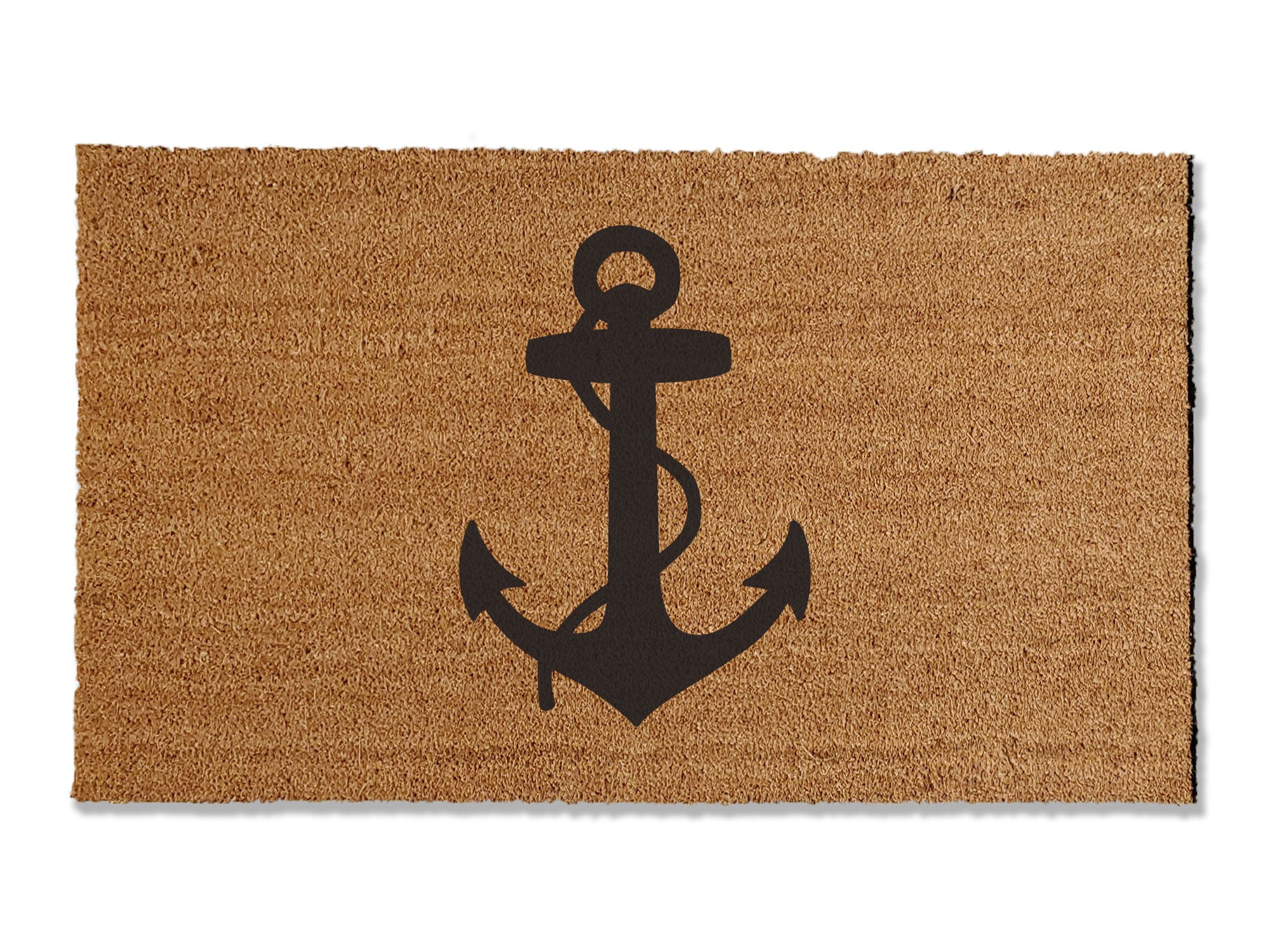 A coir doormat that is 36 inches by 60 inches and has a black anchor printed on it.