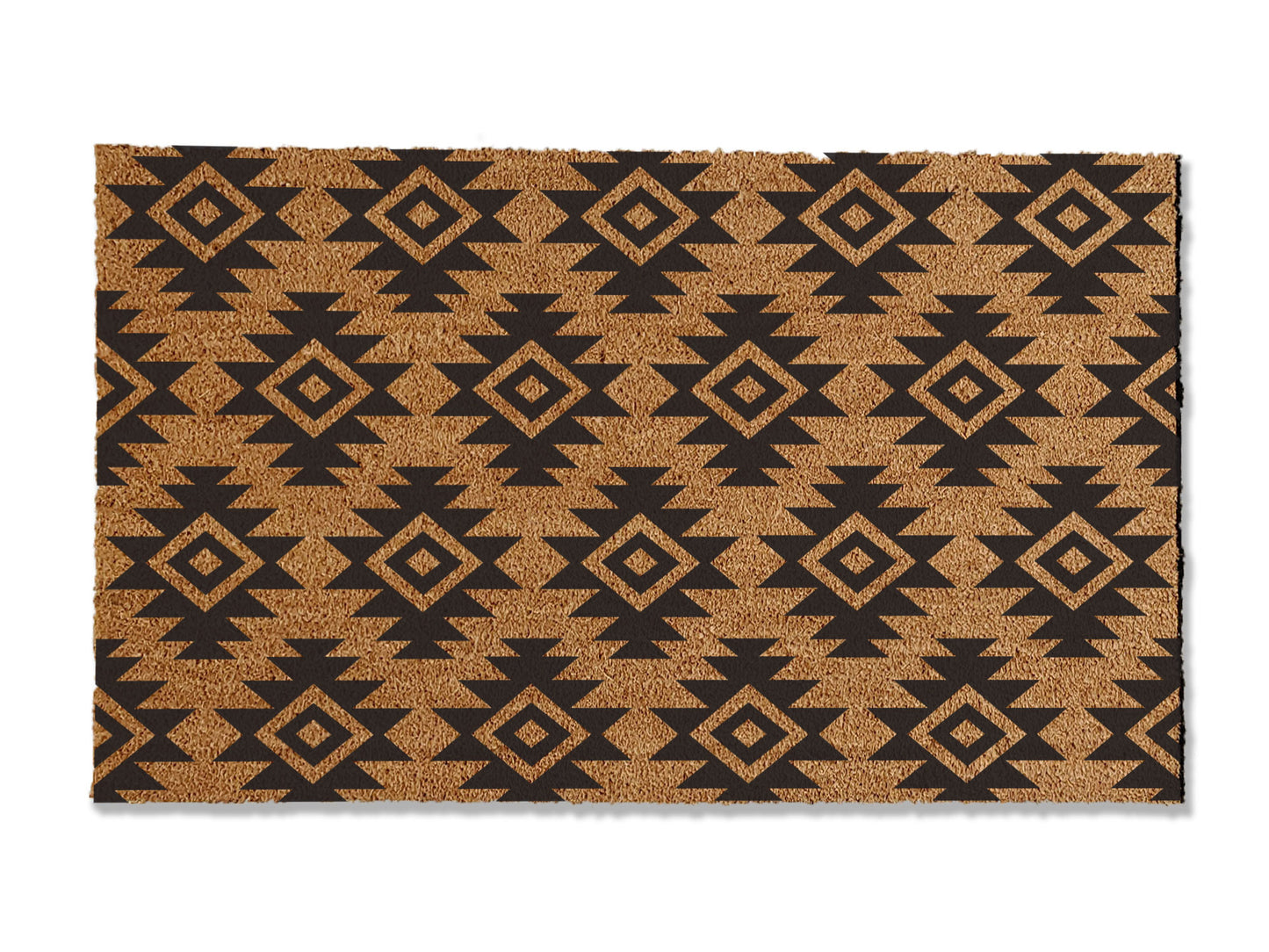 A coir doormat that is 36 inches by 60 inches and has a geometric aztec print painted on it.