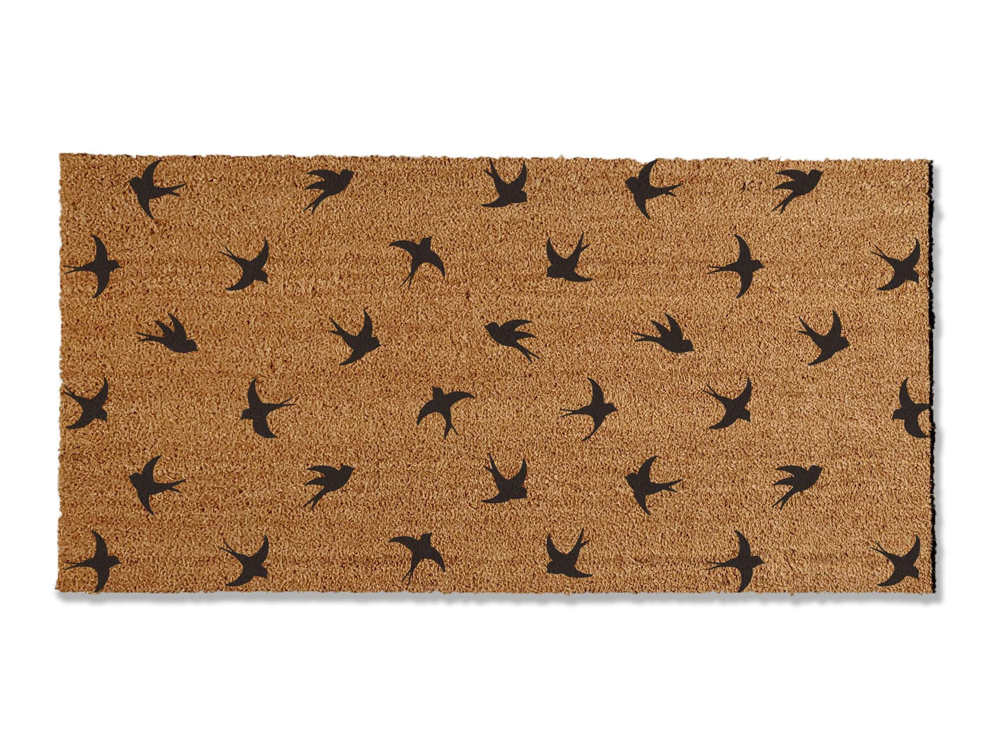 Enhance your entryway with a 1/2 inch thick coir doormat adorned with a beautiful bird pattern. This functional and stylish mat effectively traps dirt, adding a touch of elegance to your home's entrance.