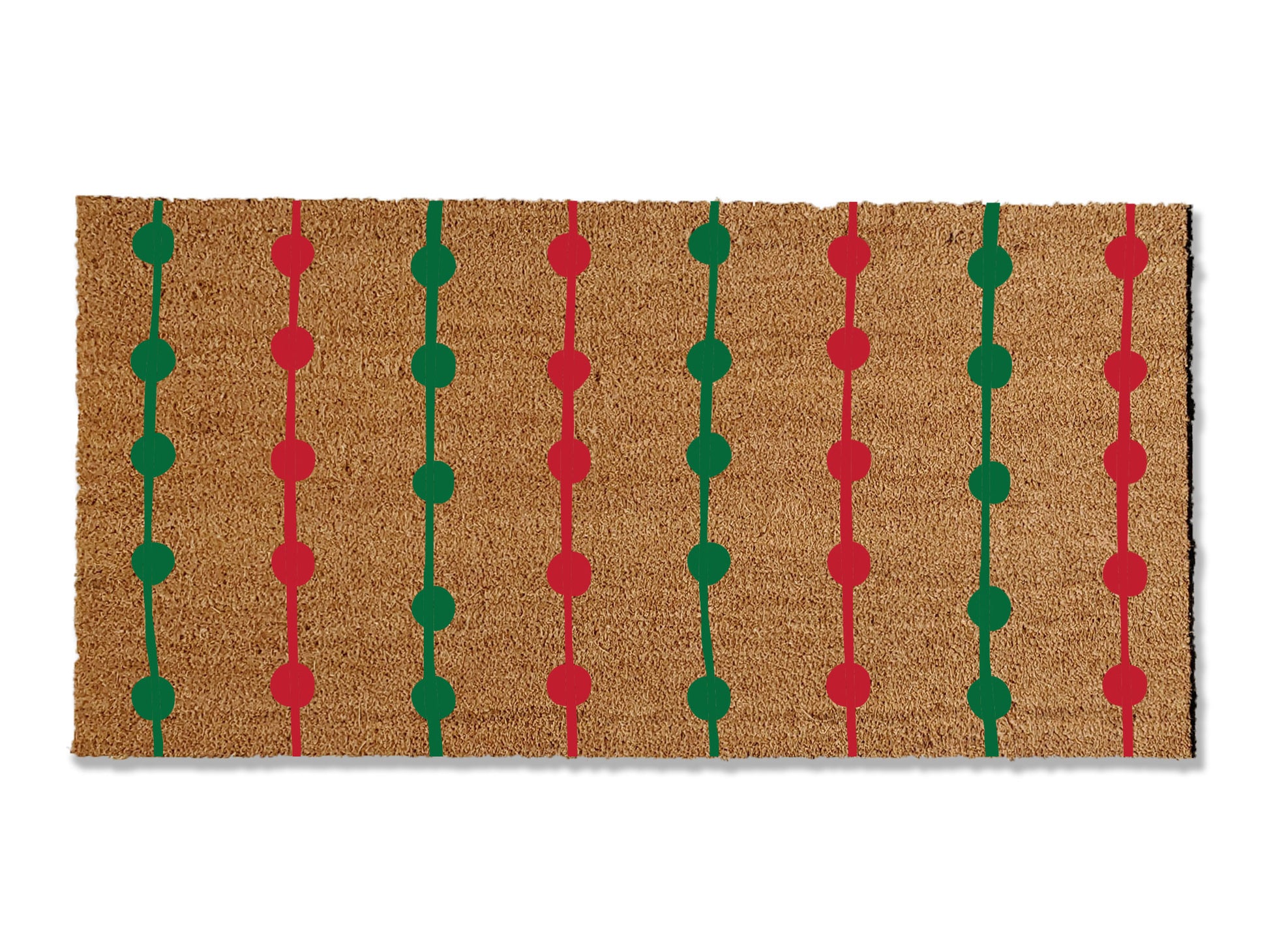 1/2 inch thick coir doormat adorned with festive strings of red and green Christmas lights. Perfect for elevating your entryway this holiday season, this decorative mat not only adds holidaycharm but is also highly effective at trapping dirt, ensuring a festive and tidy welcome."