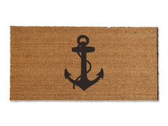 A coir doormat that is 36 inches by 72 inches and has a black anchor printed on it.