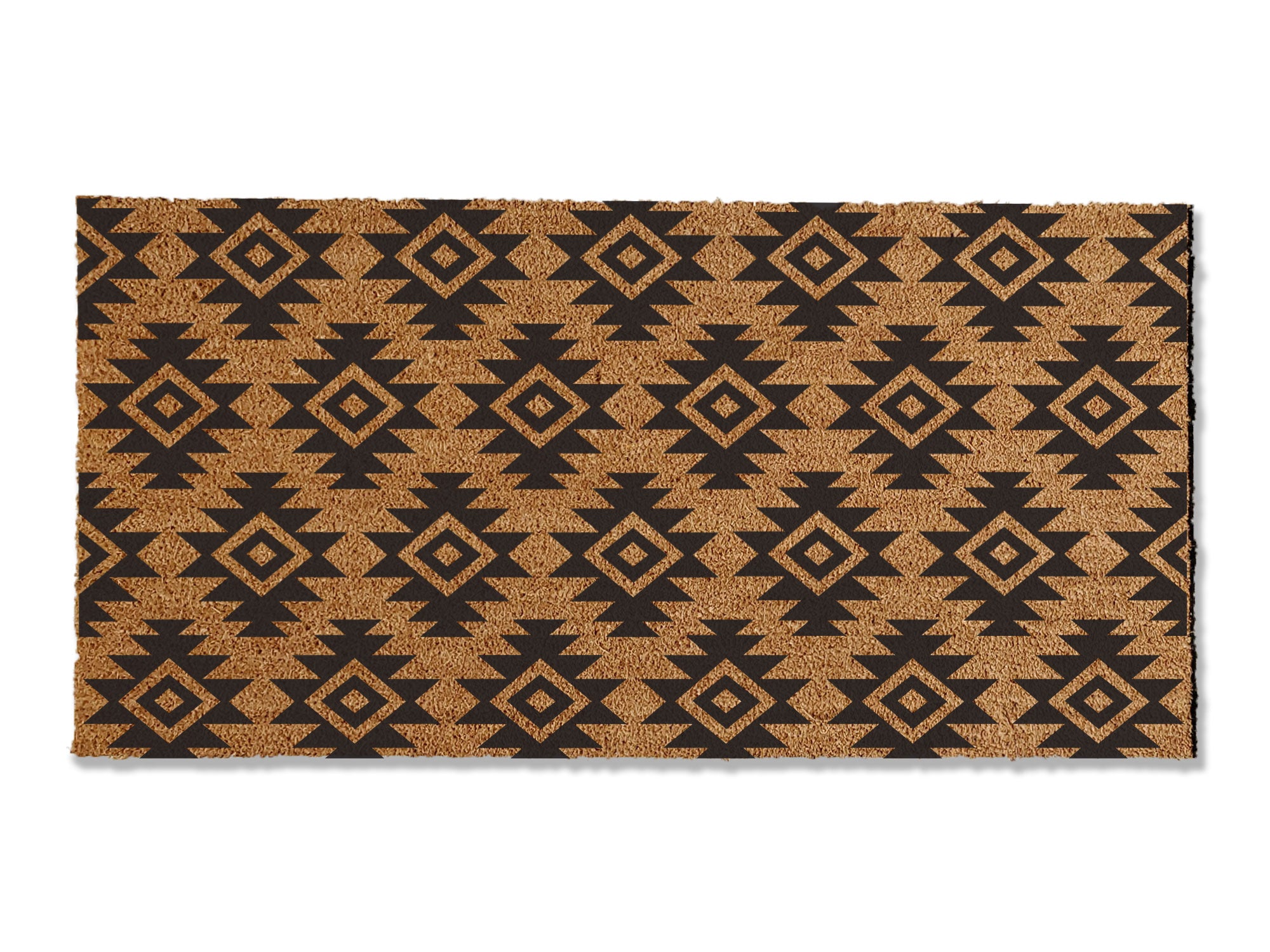 A coir doormat that is 36 inches by 72 inches and has a geometric aztec print painted on it.