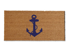 A coir doormat that is 36 inches by 72 inches and has a navy anchor printed on it.